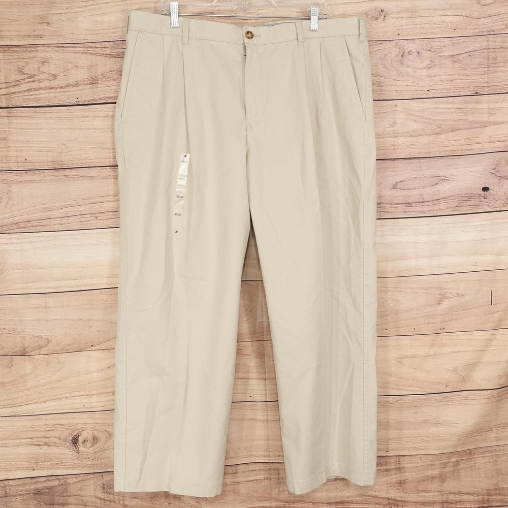 Tommy Hilfiger Chino Pants Mens 40x27 Beige Relaxed Fit Pleated Front Casual